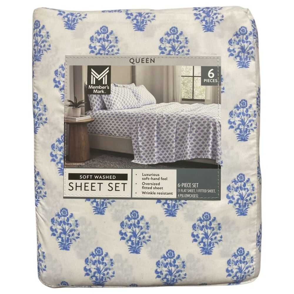 Blue Block Print - Member's Mark Soft Washed Recycled Microfiber 6-Piece Sheet S
